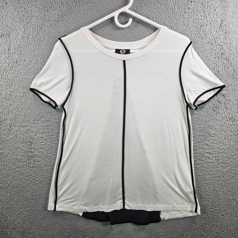 Adrienne Vittadini Tee Top Women Medium Stretch Short‎ Sleeve Black Trim White